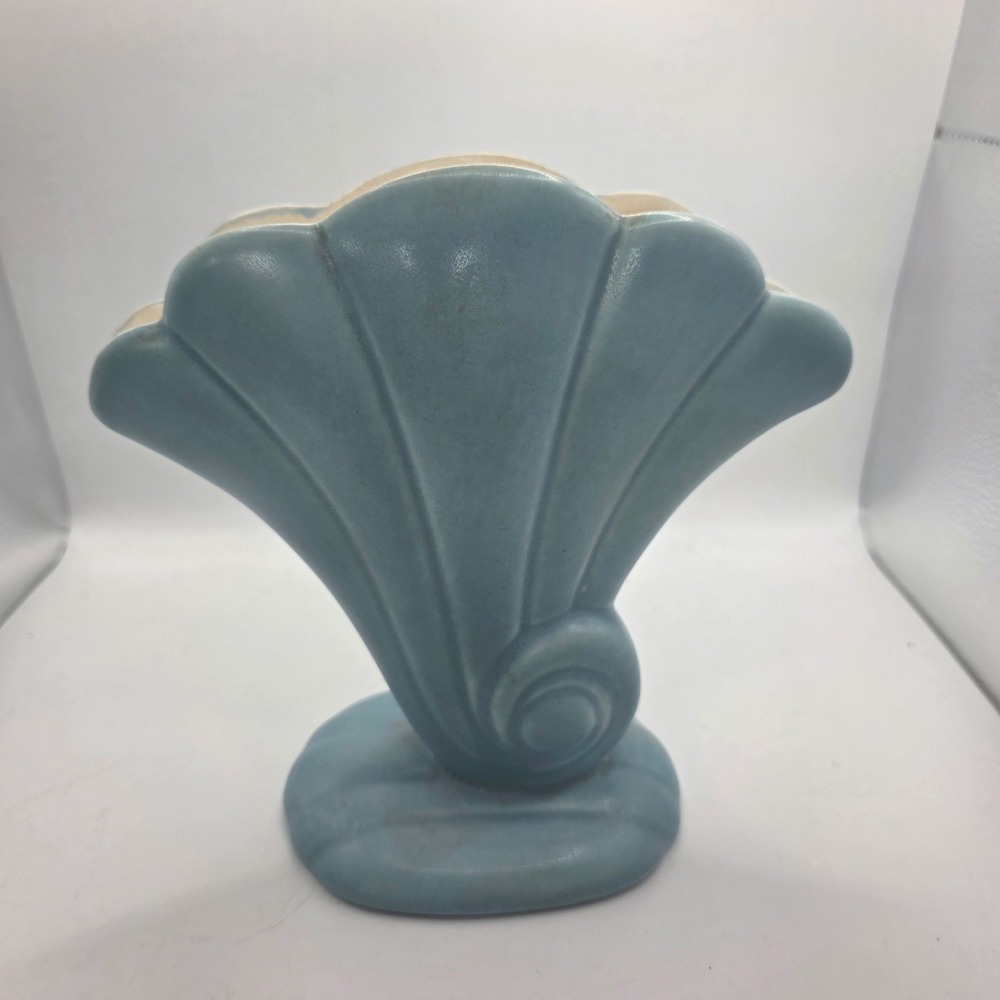 Red Wing Pottery 892 Blue Fan Shell Nautilus Vase USA Art Deco MCM 7.5"